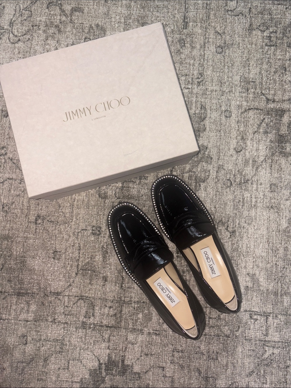Jimmy Choo Black Patent Leather Loafers with Crystal-Trim - Picture 2 of 8